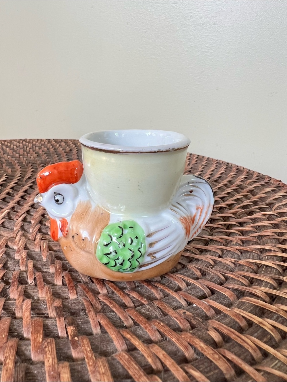 Vintage Ceramic Rooster Egg Cup - White, Orange & Green